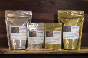 SILVER AND GOLD MYLAR FOIL POUCHES OF OUR HIGHEST QUALITY ESSIAC TEA HERBS IN 2 OZ AND 16 OZ SIZES