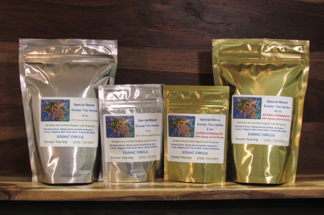 ESSIAC CIRCLE ESSIAC TEA PRODUCTS Our Essiac Tea products come in 2oz, 8oz and 16oz sizes and are packaged in heavy duty, double-sealed mylar foil, resealable bags.