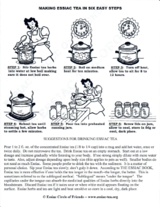 DRAWING SHOWING SIX STEPS HOW TO MAKE ESSIAC TEA, ADDING HERBS TO ONE GALLON WATER, BOILING TEN MINUTES, SIT FOR 8 HOURS, HEAT TO STEAMING, POUR IN CANNING JARS, STORE IN FRIG