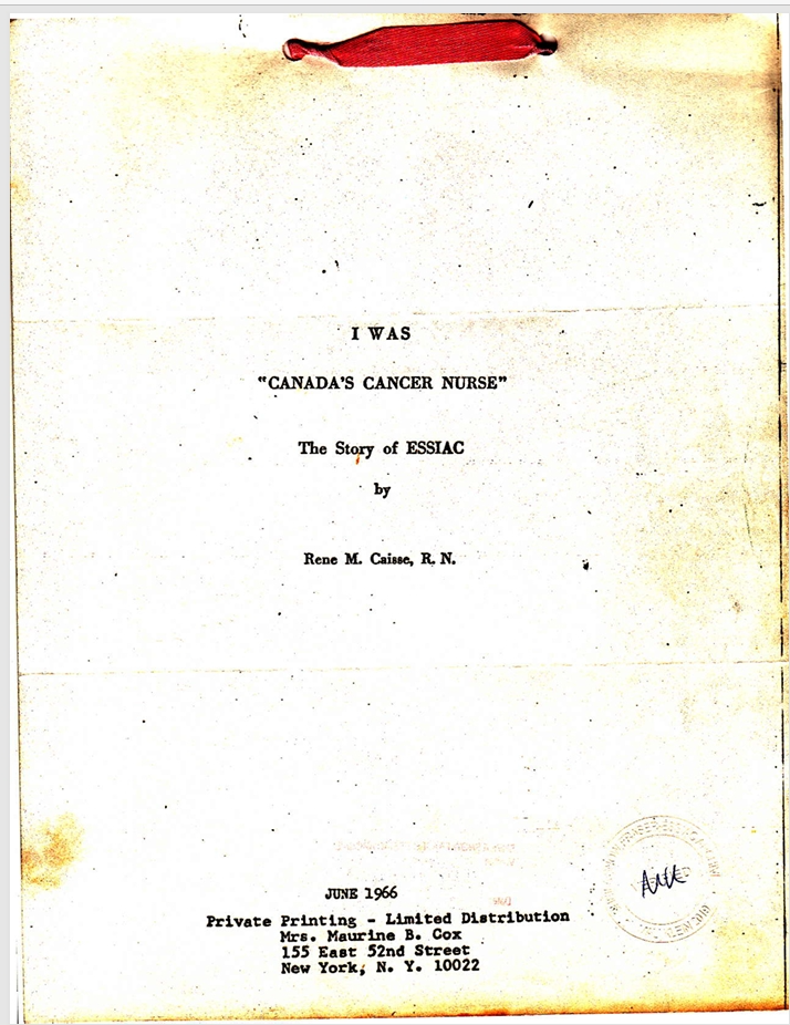 THE FRONT COVER OF RENE CAISSE'S "I WAS CANADA'S CANCER NURSE" PUBLISHED IN 1966