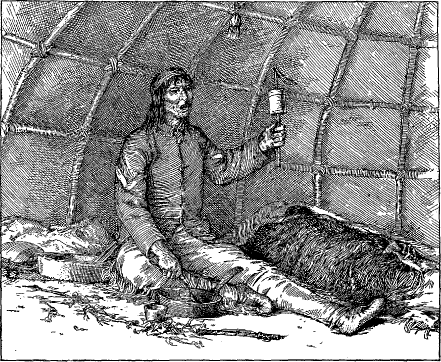 AN ILLUSTRATION OF A NATIVE AMERICAN HERBAL HEALER SITTING BY A PERSON LYING IN A WIGWAM