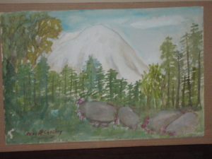 RENE CAISSE PAINTING OF FOREST, BOULDERS AND MOUNTAIN IN THE BACKGROUND