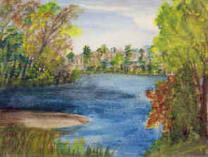 RENE CAISSE PAINTING OF POND SURROUNDED BY DECIDUOUS TREES