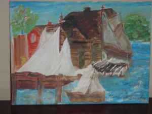 RENE CAISSE PAINTING SAILBOATS DOCKED BY LOG CABIN