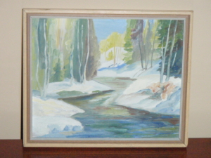 RENE CAISSE PAINTING OF STREAM IN WINTER WITH SNOW AND TREES ON BOTH SIDES OF THE STREAM