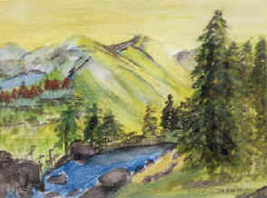 RENE CAISSE PAINTING OF RIVER SURROUNDED BY EVERGREEN TREES AND MOUNTAINS