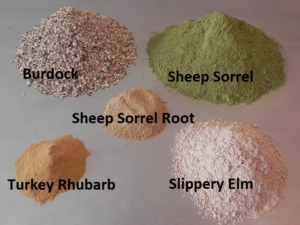 FOUR ESSIAC HERBS SHOWING THEIR PROPORTIONS, BURDOCK ROOT, SHEEP SORREL LEAF AND ROOT, SLIPPERY ELM INNER BARK, TURKEY RHUBARB ROOT
